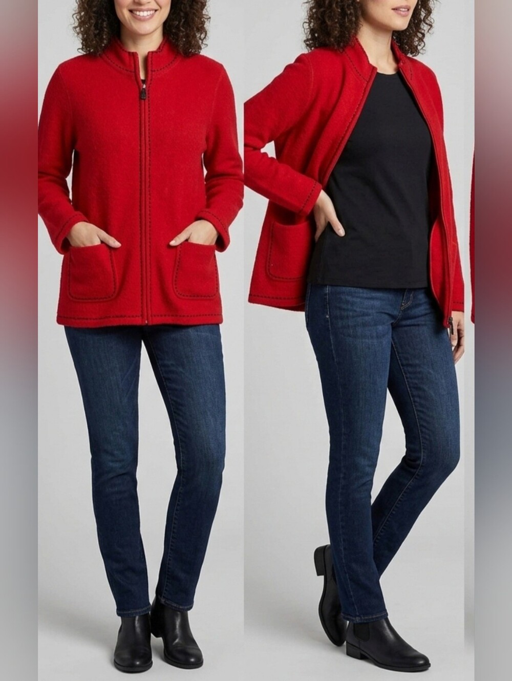 Liz Claiborne 100% Wool Red Zip-Front Women's Sweater Jacket Cardigan Large